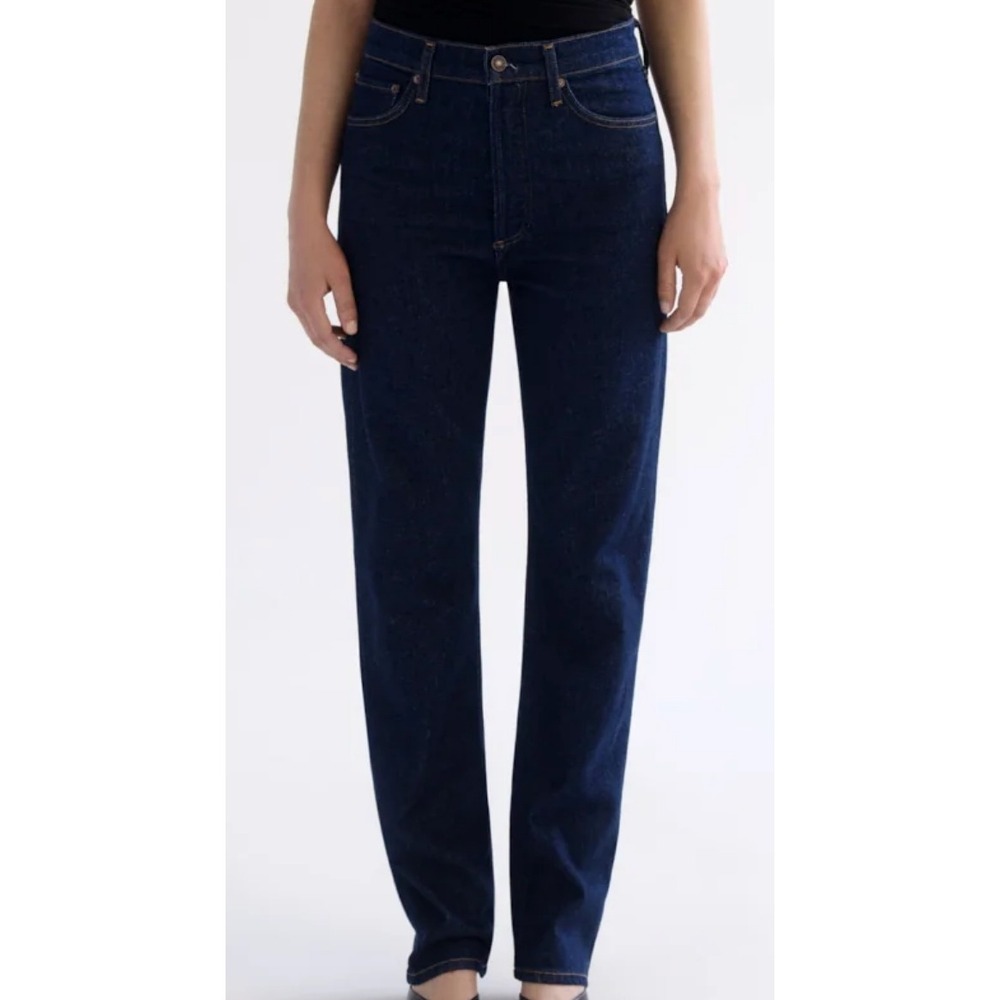 agolde 90's pinch waist high rise straight long in reissue dark denim, women 30
